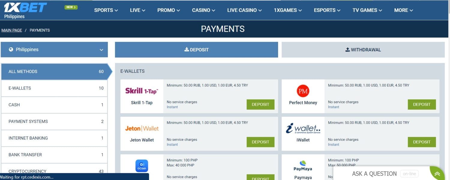 1xBet Casino Deposit Options